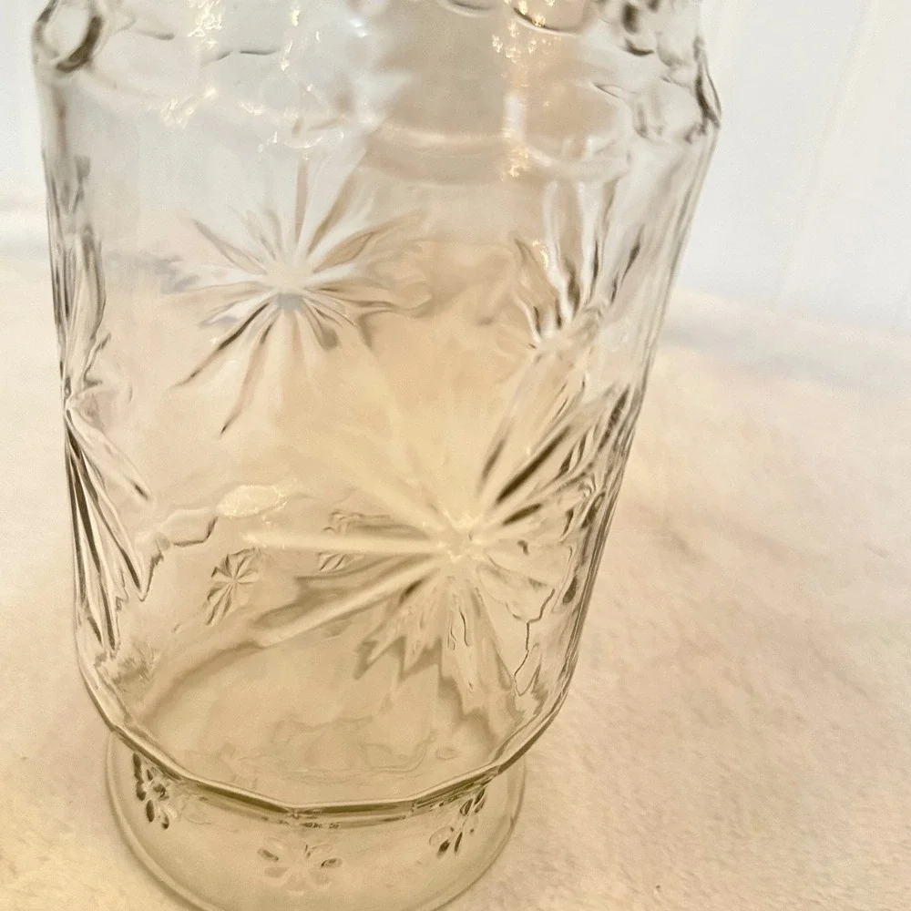 Planters Mr Peanut Glass Canister Jar 1980 Clear Starburst Floral Excellent 8.5